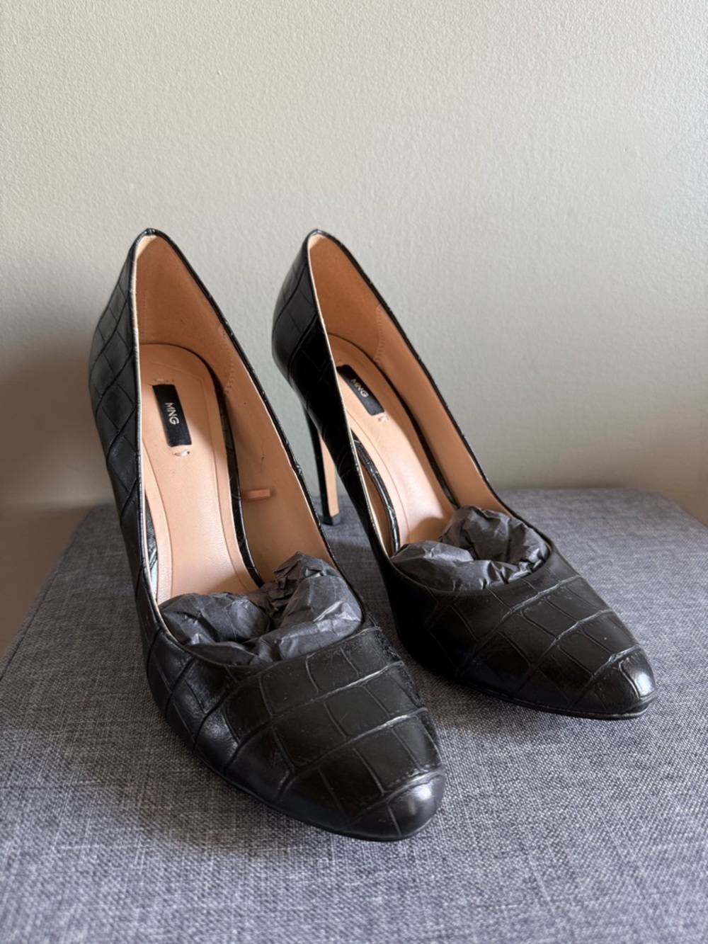 Mango Black Croc-Embossed Pointed Toe Stiletto Pumps